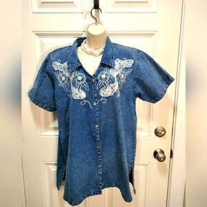 Coqueta 1X Embroidered Denim Blue Women's Top 100% Cotton